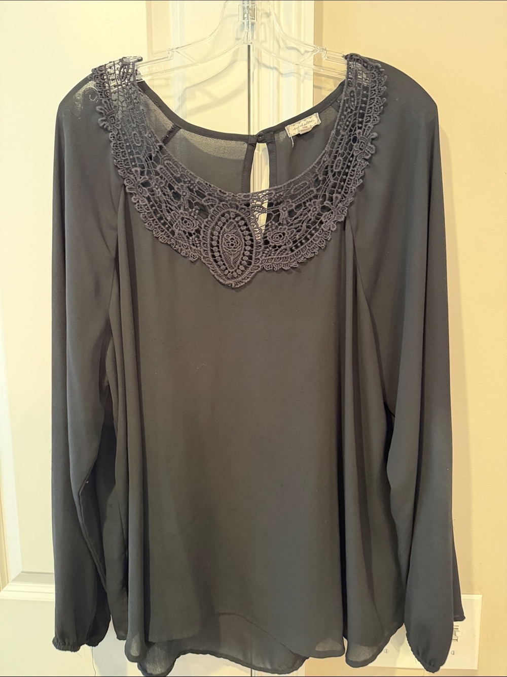 Eyeshadow Black Crochet-Neck Long Sleeve Blouse